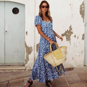 Rixo Tamara Dress Blue Floral Maxi Short Sleeve Sundress Size XS